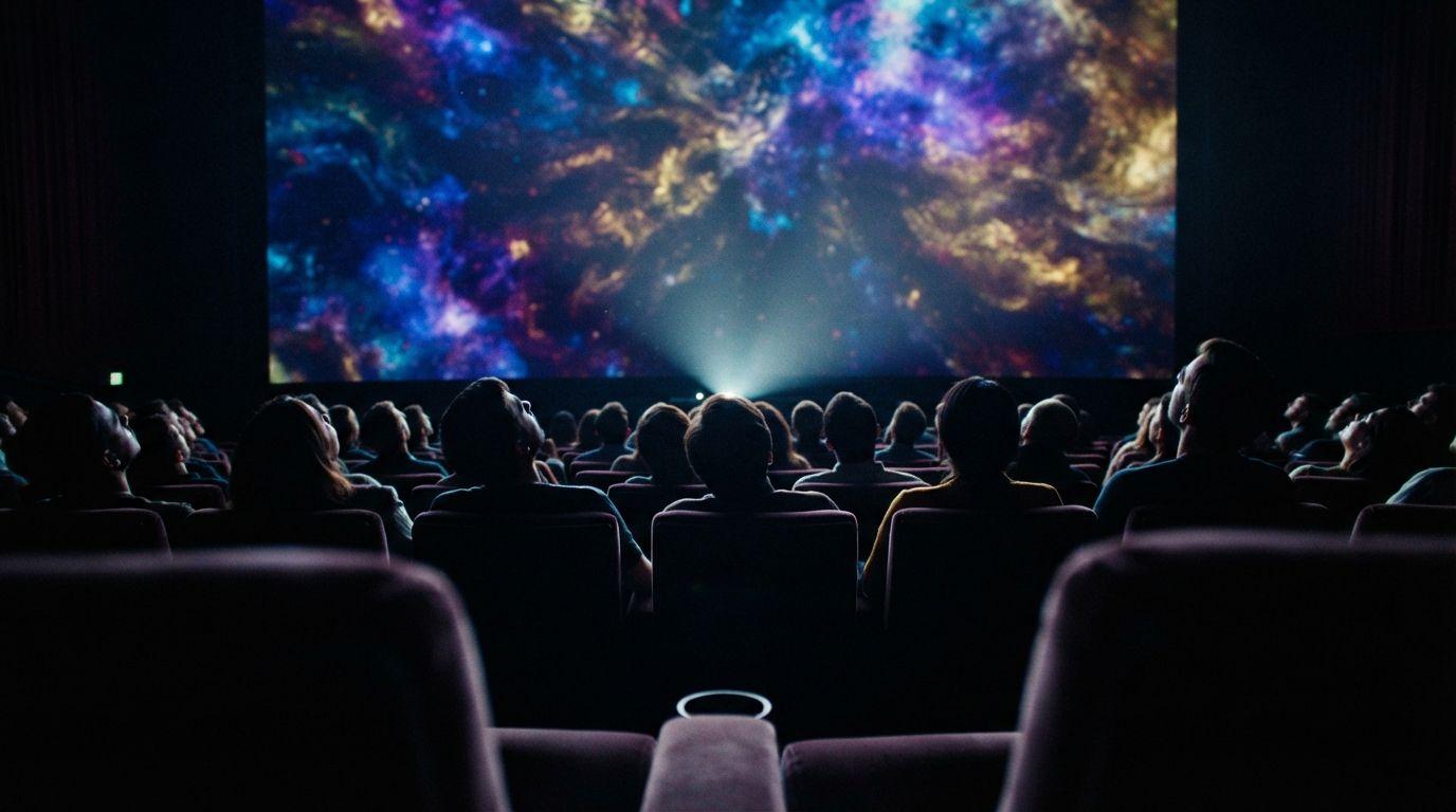 A projectionist framing an image on screen inside an empty cinema