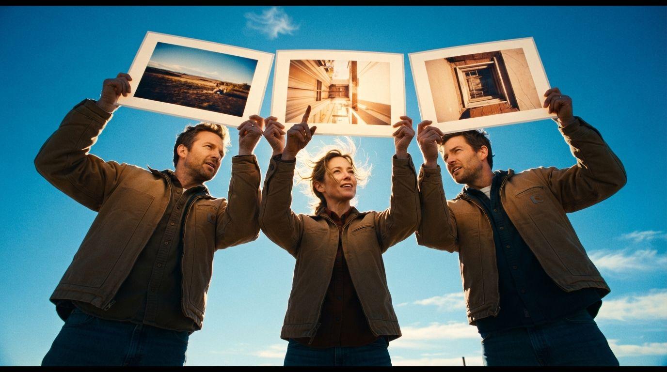 A photographer reviewing three near-identical prints on a light table