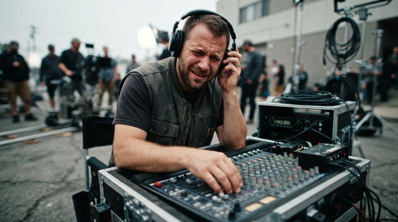 A sound mixer at a cart with headphones on, faders lit in a dark corridor