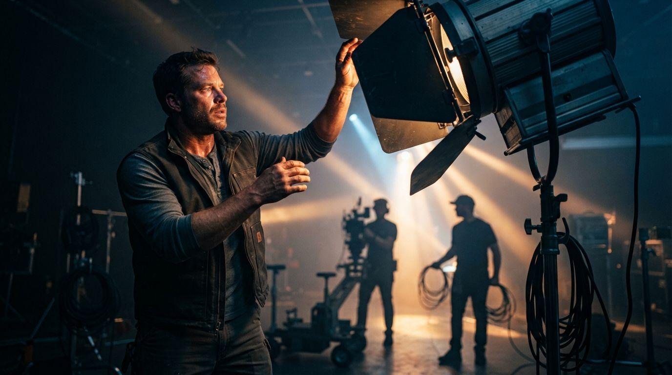 A gaffer adjusting an enormous key light, thick beams cutting through haze on set