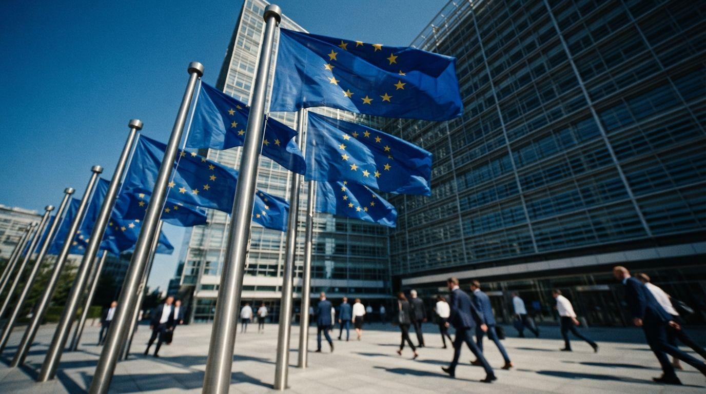 A circle of EU-blue stars with a small green disclosure badge sitting at its edge