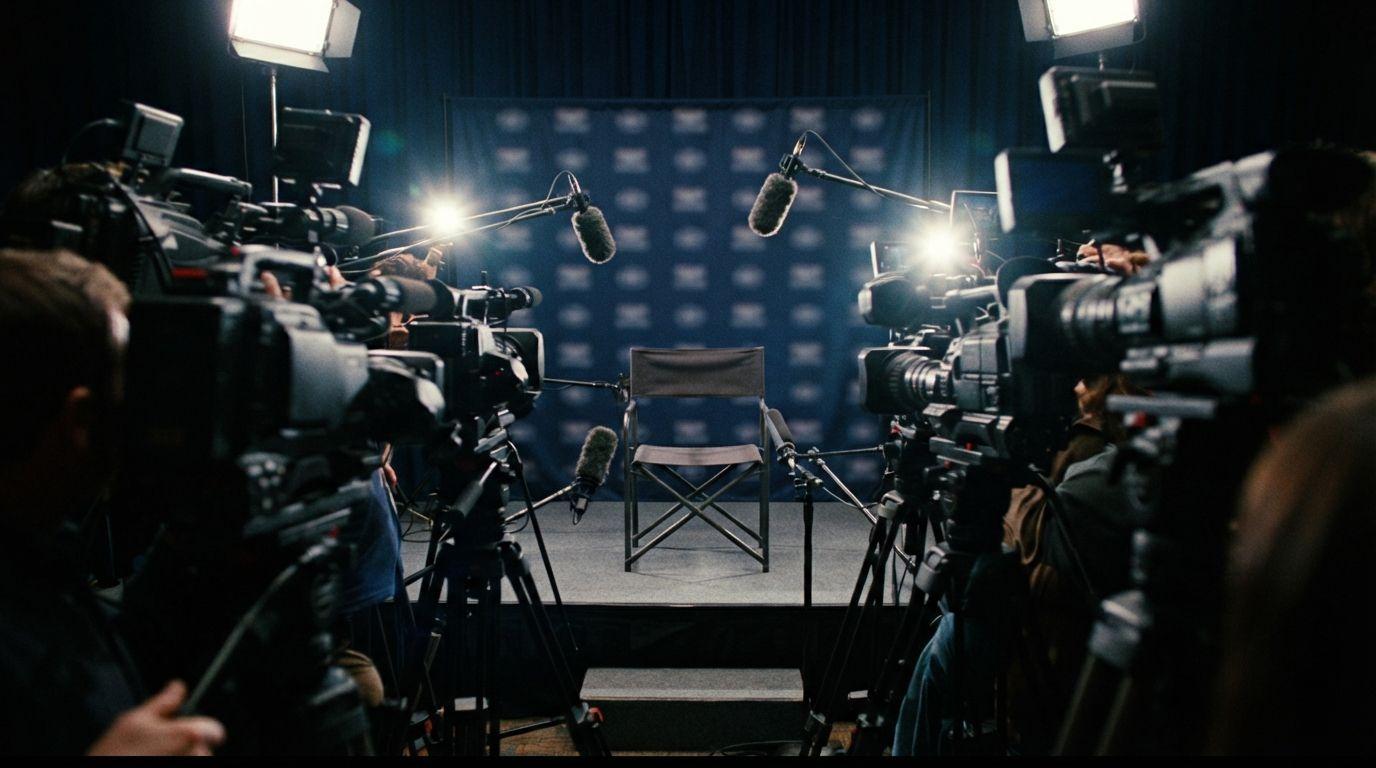 A press microphone in front of an empty portrait frame