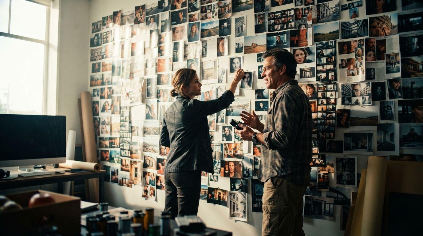 A wall of reference photographs taped in rows above a cluttered production desk