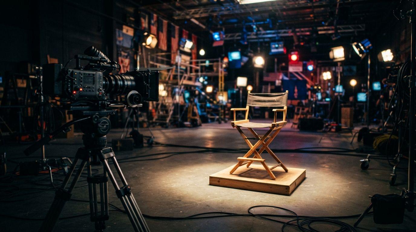 An empty chair on a fully lit studio set with a camera pointed at it and nobody there