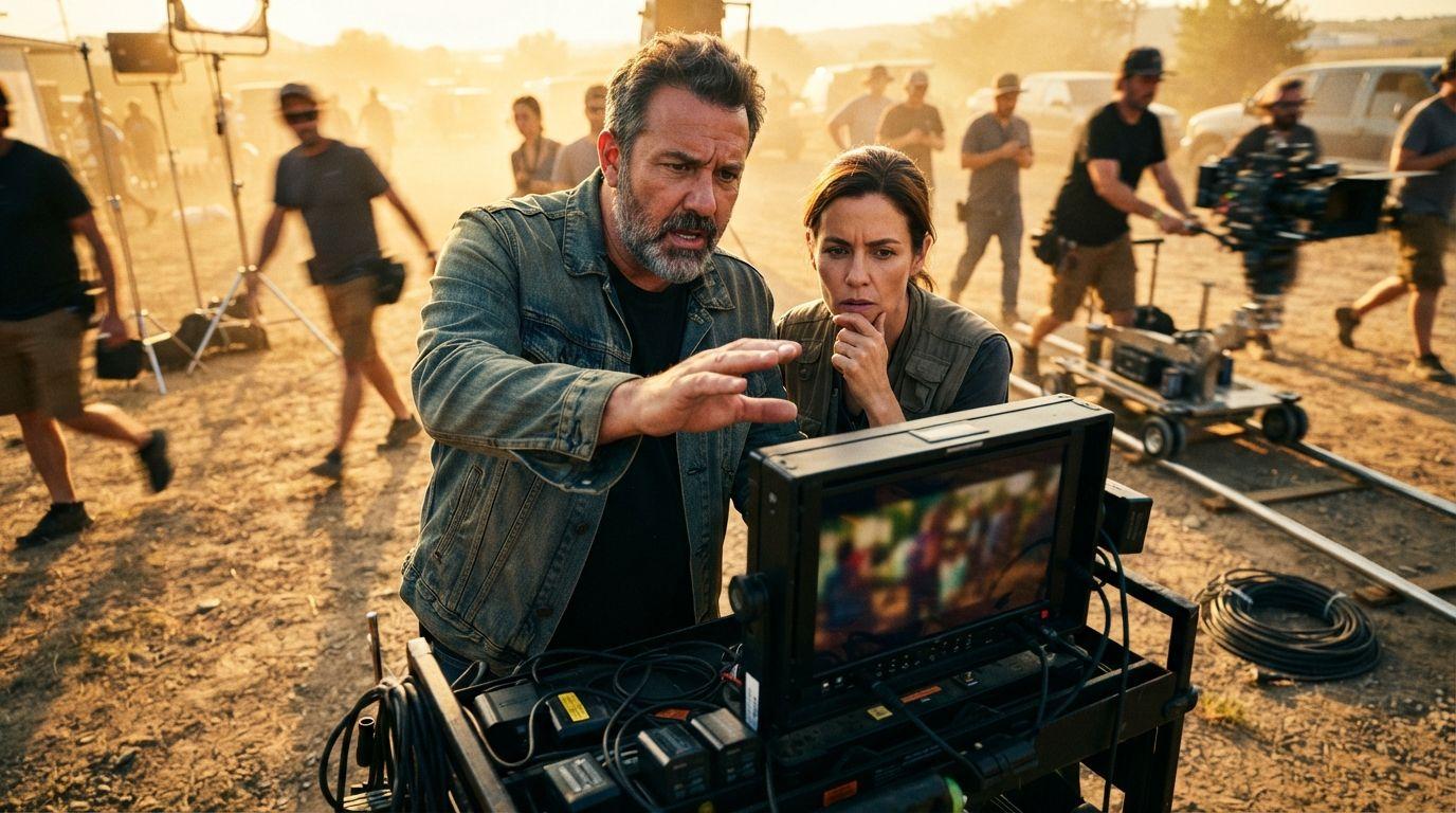 A director watching two takes side by side on a split monitor