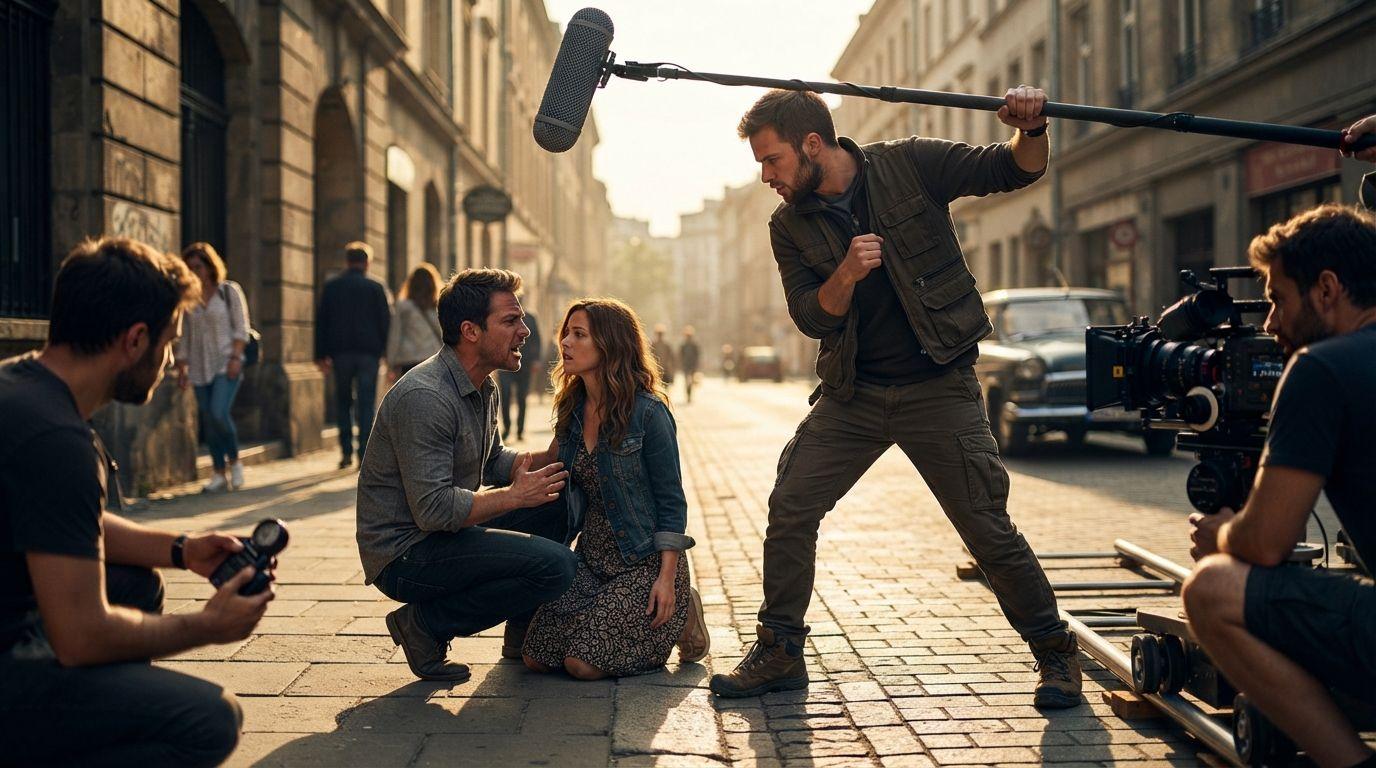 A boom operator holding a microphone overhead on a sunlit rooftop set