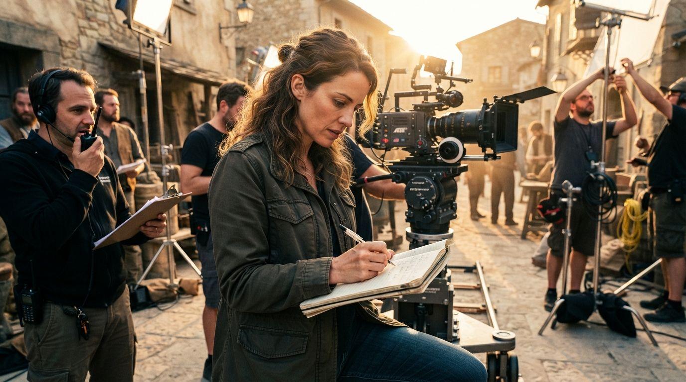 A director scribbling in a notebook at a cold dawn call, breath visible, crew unloading behind