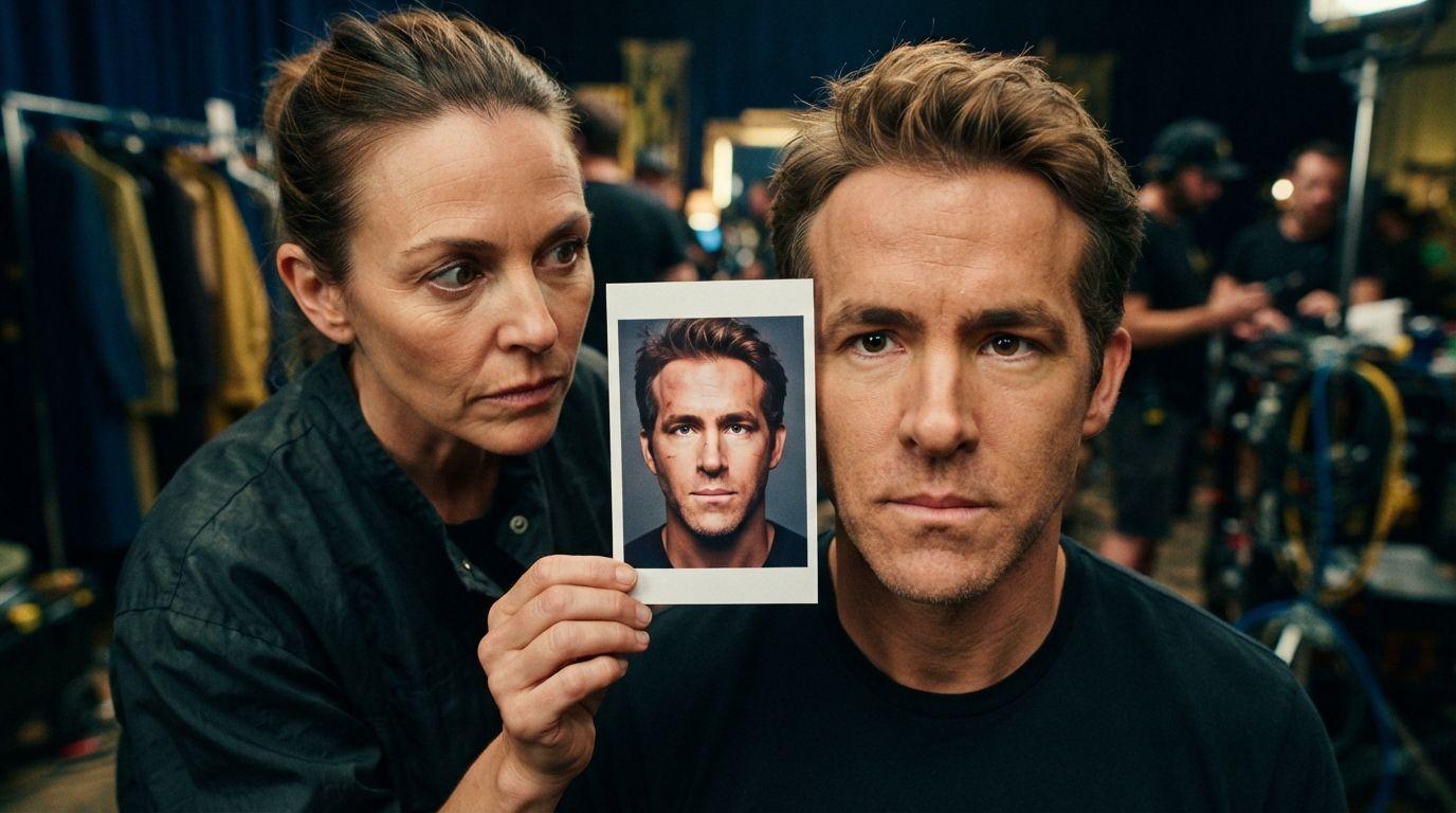 A makeup artist holding a continuity photograph beside an actor's face, comparing the two