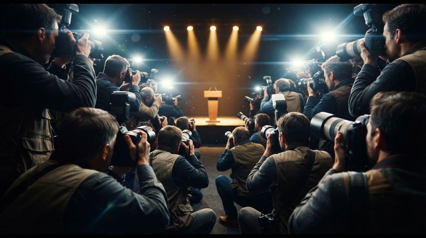 An empty press-conference stage with one lit lectern against a dark backdrop