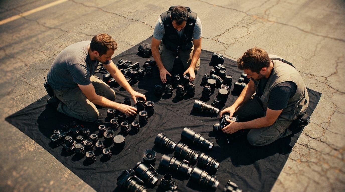 A camera department laying out lenses in rows on black cloth