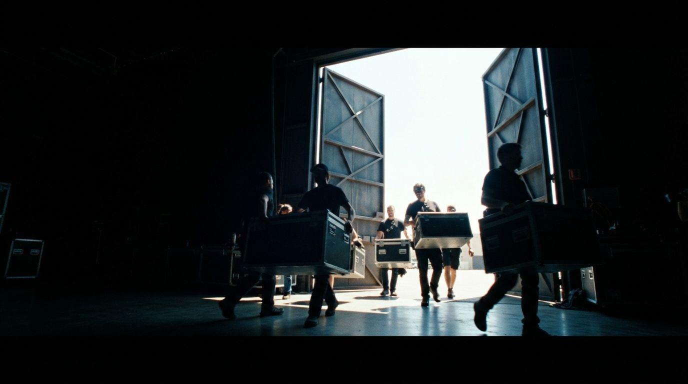 A darkened edit bay with one workstation switched off among the lit ones