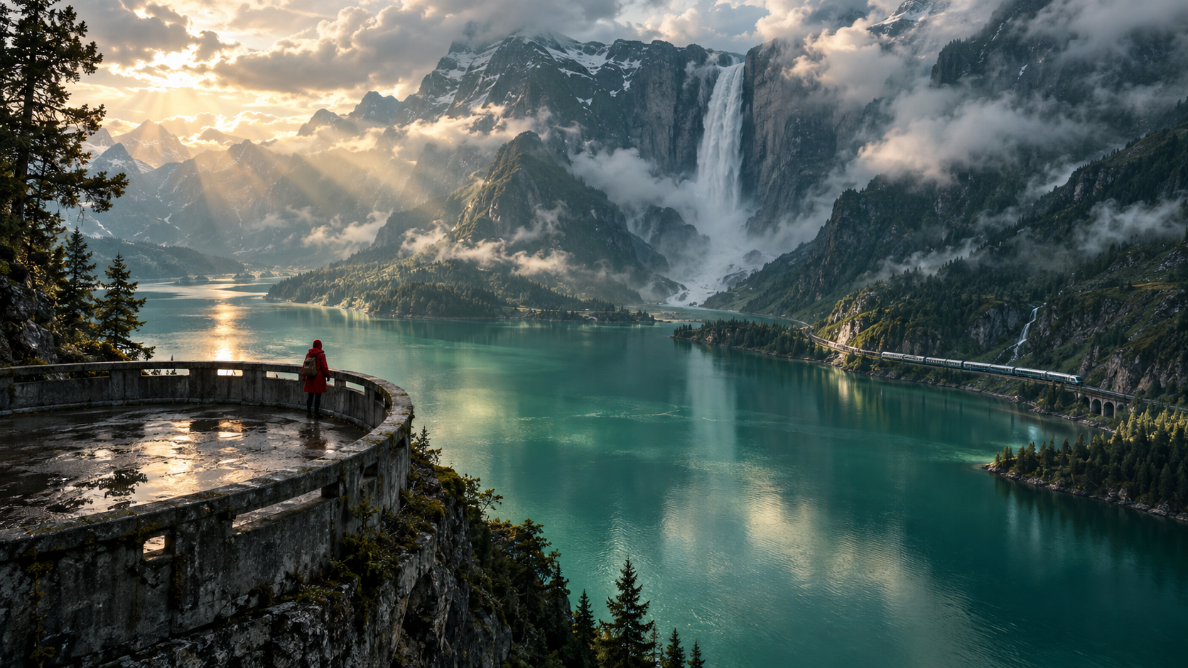 A traveler in a red coat overlooking an emerald lake, mountain waterfall and distant train