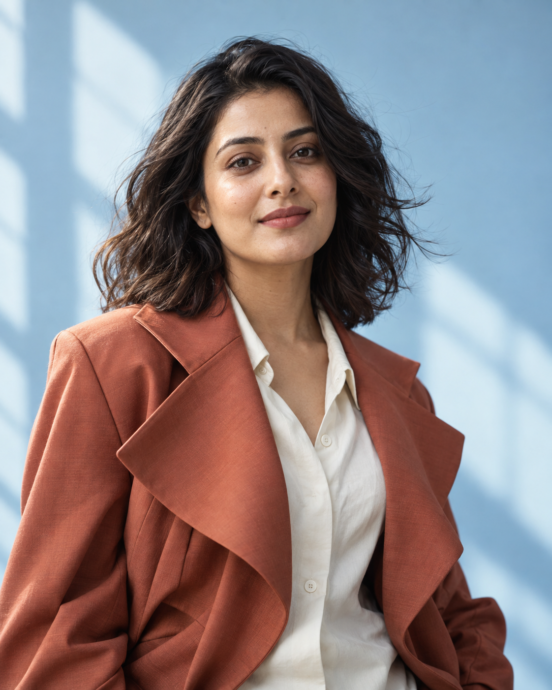 Fictional character portrait in a coral jacket