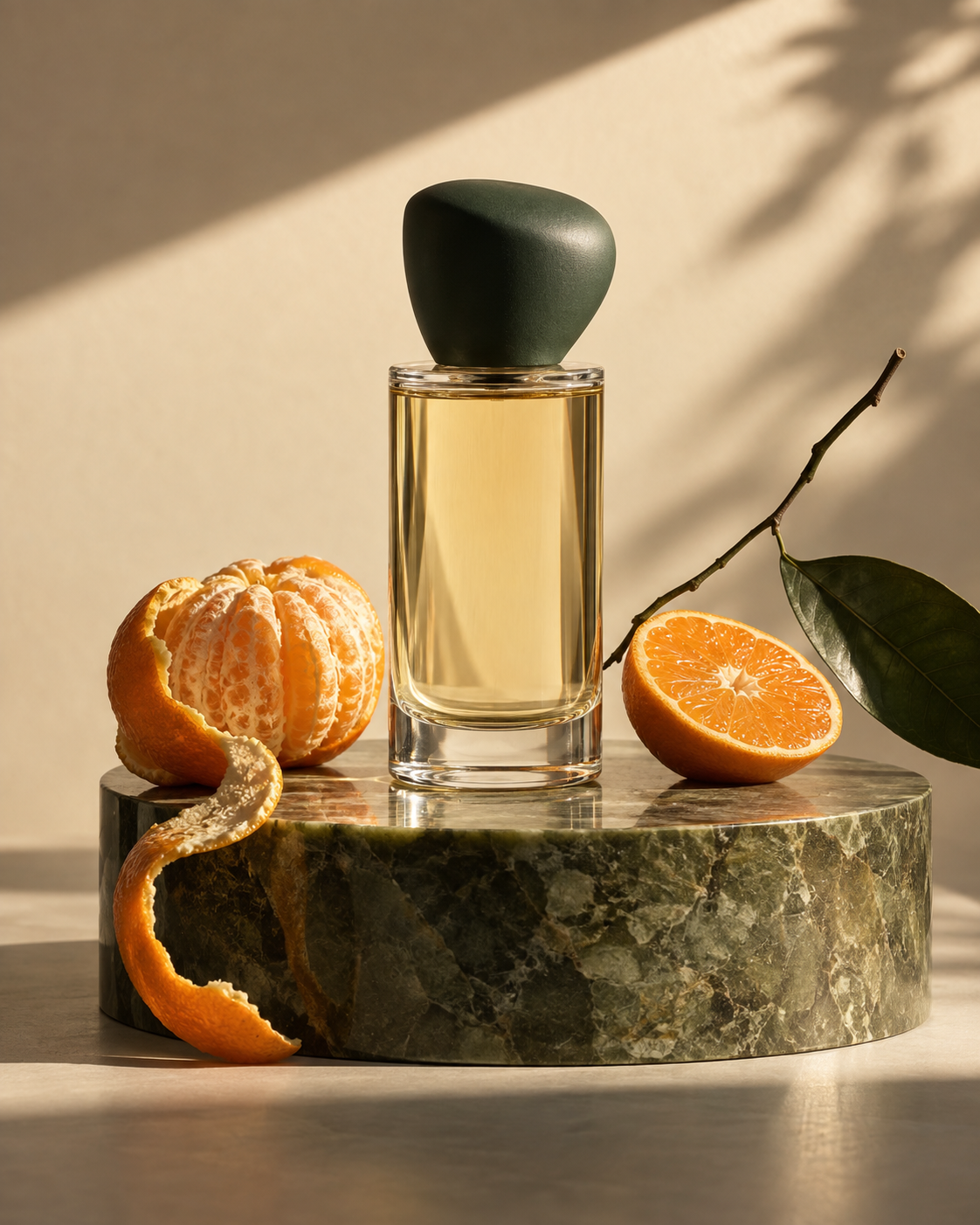 Glass fragrance bottle and citrus fruit on a green stone pedestal