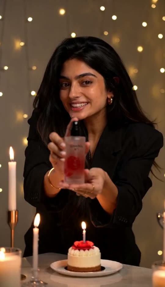 A woman presenting a fragrance in a warmly lit festive scene